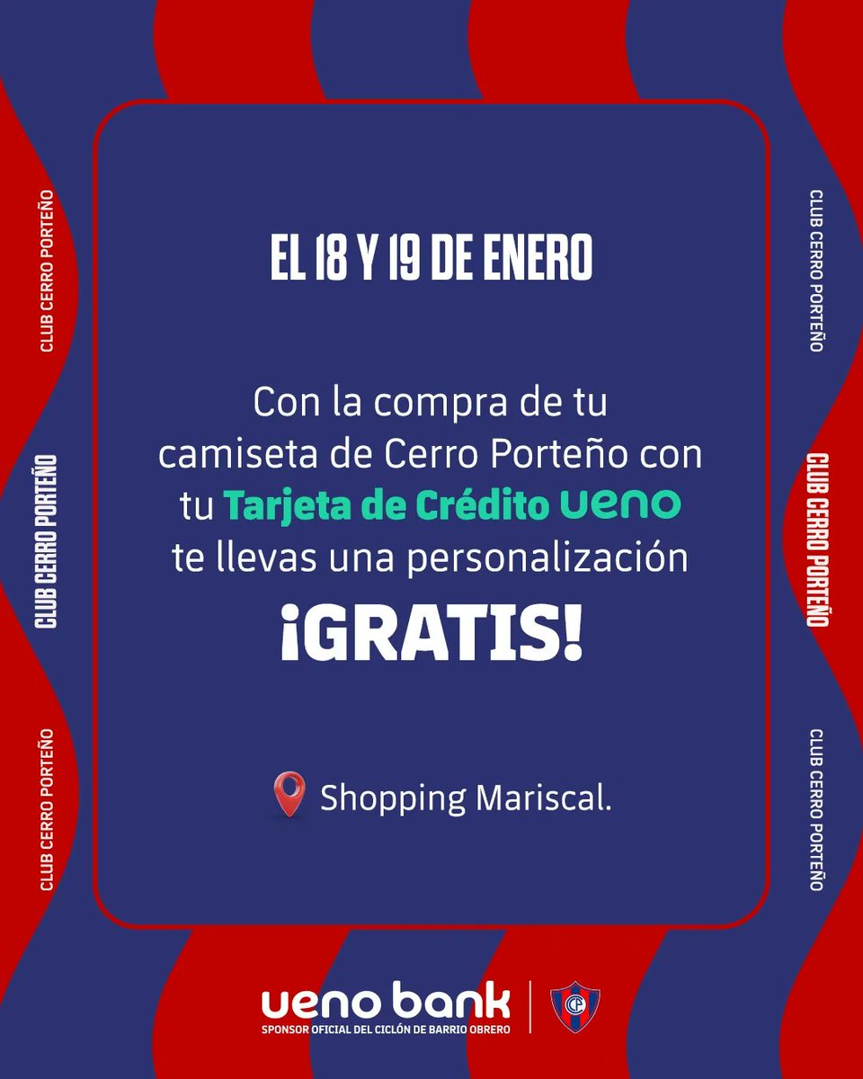 ¡Vestí la nueva piel del Ciclón de Barrio Obrero con beneficios de reintegro exclusivos para clientes ueno! 🔴​🔵​

Si todavía no sos cliente, abrí tu cuenta al instante, activá tu tarjeta de crédito y disfrutá de los beneficios.  🎉​

#CerroXueno 🌪️