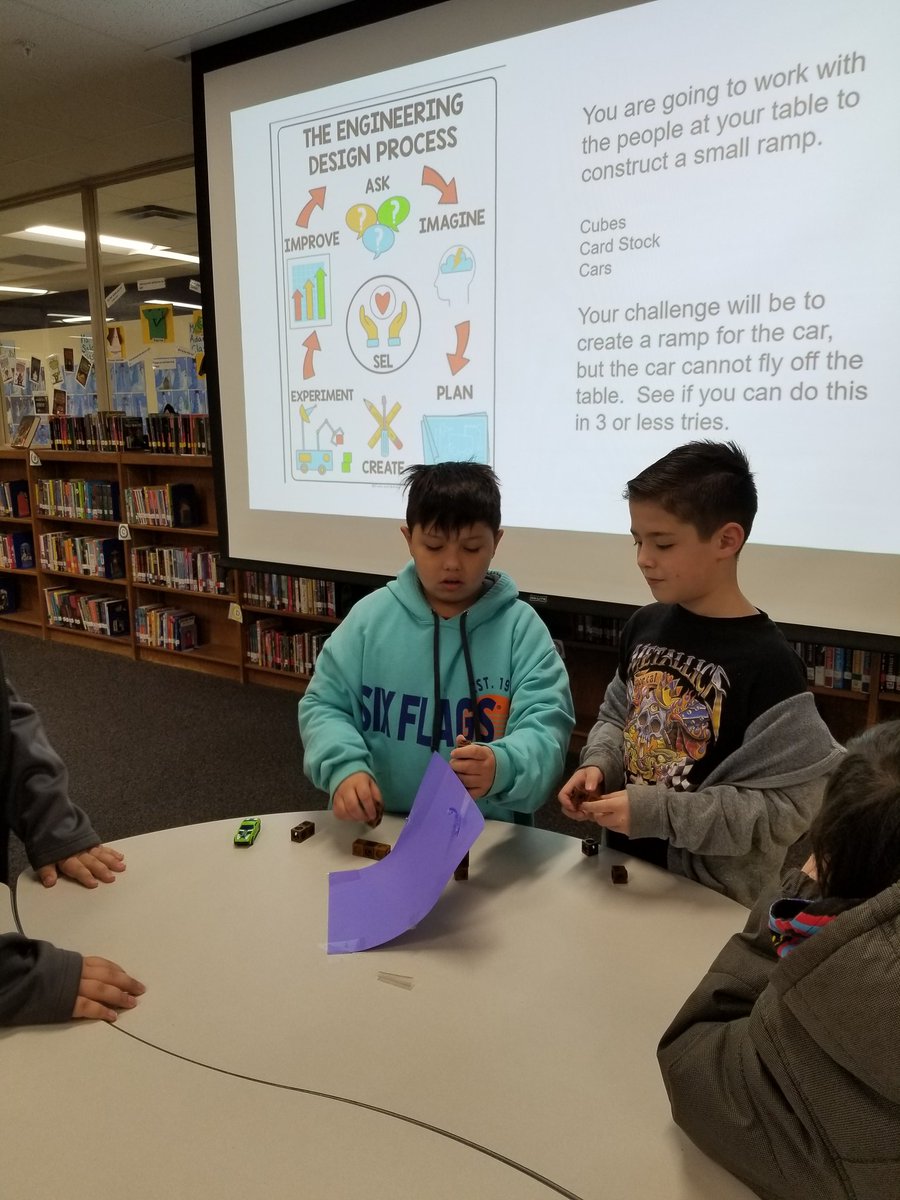 3rd grade doing a STEM challenge with cars and a ramp based on the book Eat Pete by Michael Rex. He is set to visit our campus February 9th😊😊. @LibraryMve @NISDLib @c_maldonado_1 @NISDMeadowVill