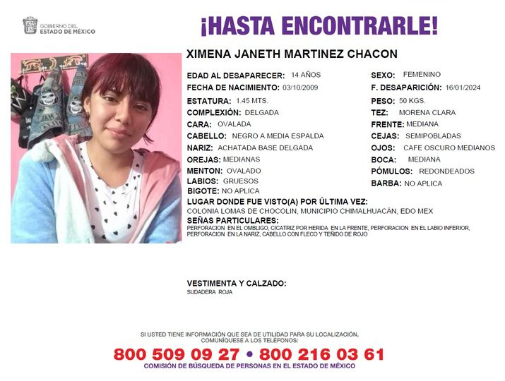 COBUPEM's tweet photo. Solicitamos de tu apoyo en difusión para dar pronta localización a Ximena Janeth Martínez Chacón, comunícate a los teléfonos de COBUPEM 800 216 0361, 800 509 0927.
#TodosEnLaBúsqueda https://t.co/jOwZgJEtrJ