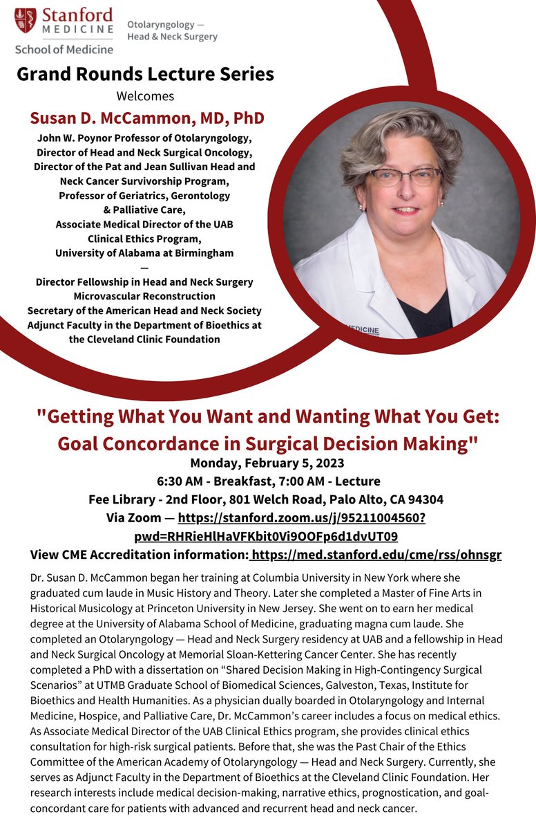 Join us on Monday, February 5th, for a special Grand Rounds Lecture with Susan D. McCammon, MD, PhD! ⁠We are looking forward to welcoming her for this great discussion! @sdmccammon @UAB_OTO #stanfordohns #stanfordgrandrounds #susanmccammon #surgicaldecisionmaking #uabohns ⁠