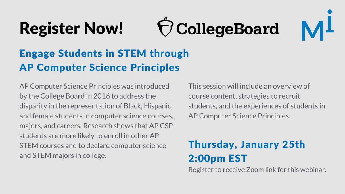 Thinking about bringing AP Computer Science Principles to your school next year? Join us on January 25th for a webinar on the benefits of offering AP CSP for your students! Register here: ow.ly/oQBj50QoRIH