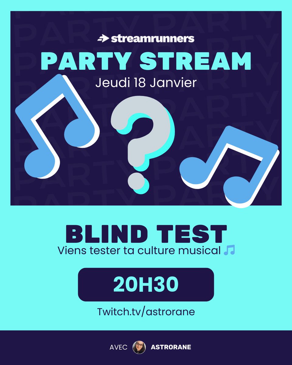 🪐Tu aimes les BLIND TEST ? Rejoins-nous dans le discord de Streamrunners   discord.gg/Y6DnhHqA?event… 
🎁 Belle récompense pour le grand gagnant et récompense pour tous les participants 🌟 
À demain 🤍
<a href="/StreamRunnersFR/">StreamRunners - Réseau social des streamers</a> #streamers #blindtest #twitchstreamer #musique #quizzmusical