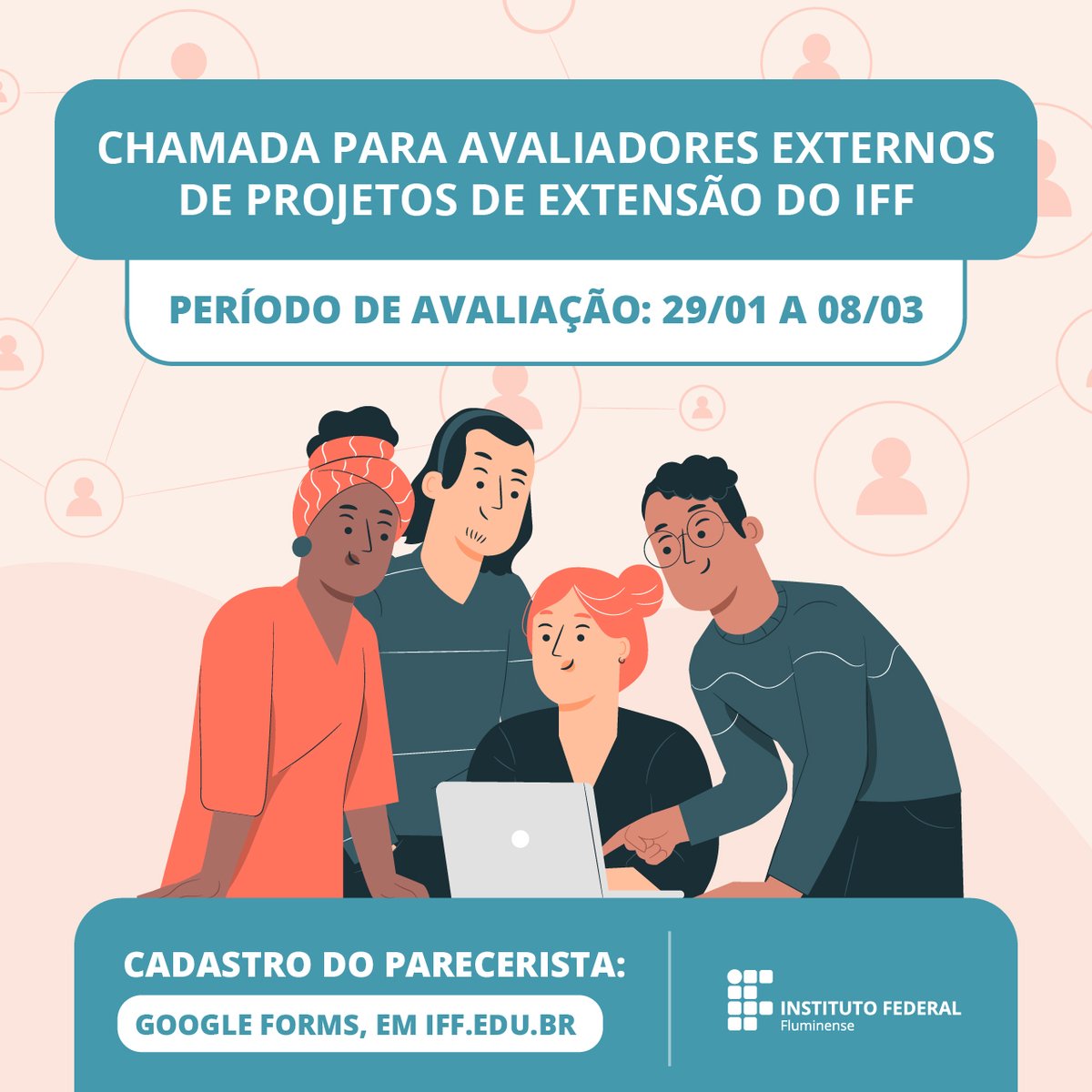 Convidamos extensionistas para compor quadro de avaliadores de projetos.

Acadêmicos de todo o Brasil podem participar como avaliadores externos do mérito extensionista, artístico e/ou tecnológico dos projetos submetidos em Editais da PROEX/IFFluminense.

encurtador.com.br/xDMQS