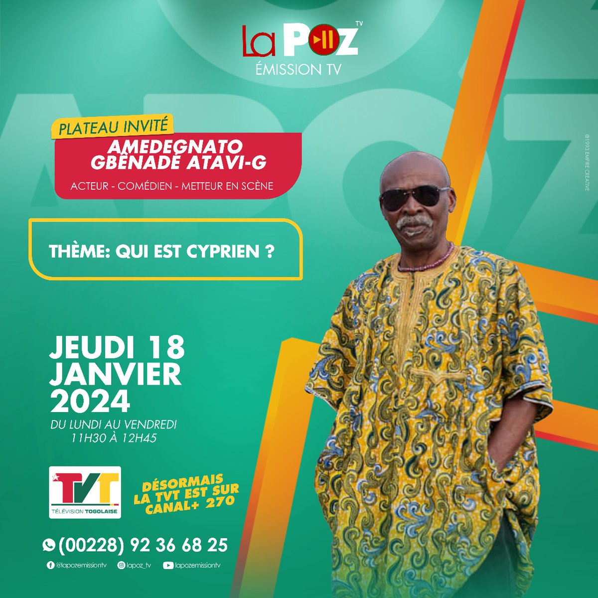 ahoewebserie's tweet photo. 🌟Atavi-G alias Cyprien LE GOAT est reçu à la Télévision Nationale Togolaise.

Rendez-vous ce jeudi 18 Janvier 2024 à 11h30 GMT dans l'émission "La Poz". 

Préparez-vous à découvrir un homme qui a consacré sa vie à l'excellence du théâtre togolais.

#Ahoewebserie #Ahoe #lapoztvt https://t.co/W2rmKoU9WN