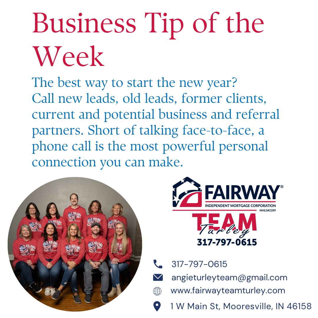 Business Tip of the Week! ☎️✨ Start the new year strong by reaching out to new leads, old leads, former clients, and current/potential business partners. 📞 #TeamTurley #FairwayNation #BusinessTip #NewYearStrategy #Networking #ClientConnections #EntrepreneurialSpirit
