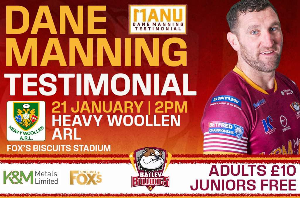 💥 346 Career Appearances
🏉 90 Tries
💥 193 Bulldogs Appearances
🏉 46 Bulldogs Tries

👊 One Testimonial game!
Let’s get right behind Dane Manning this Sunday. 
👉 Bulldogs v <a href="/HeavyWoollenARL/">Heavy Woollen ARL</a> 
2pm <a href="/foxs_biscuits/">Fox's Biscuits</a> Stadium