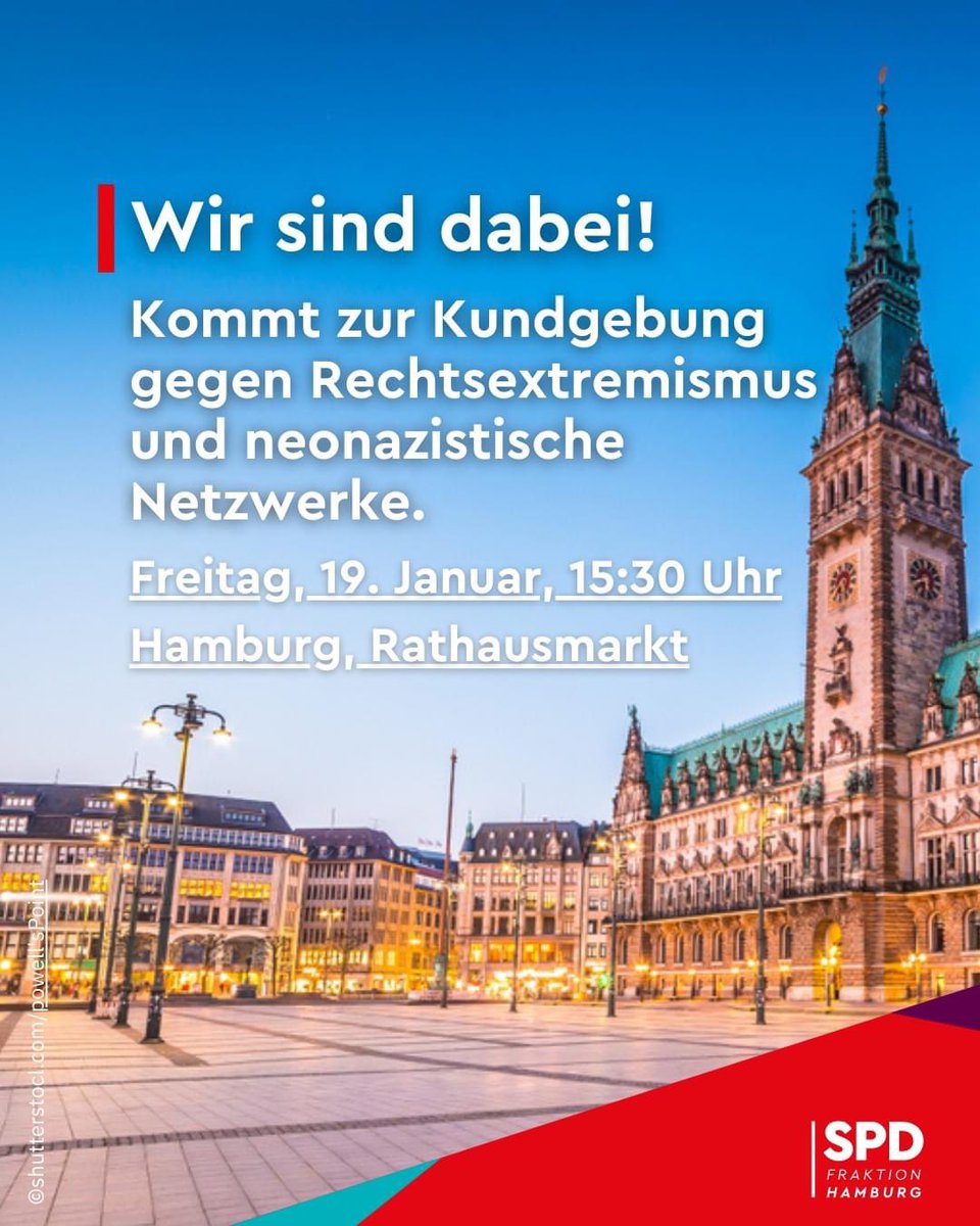 Unter dem Titel „Hamburg steht auf!“ ruft ein Bündnis aus Gewerkschaften, Kultur, Kirchen und Vereinen dazu auf, am Freitag auf dem Rathausmarkt gemeinsam gegen Rechtsextremismus und rechte Netzwerke zu demonstrieren.