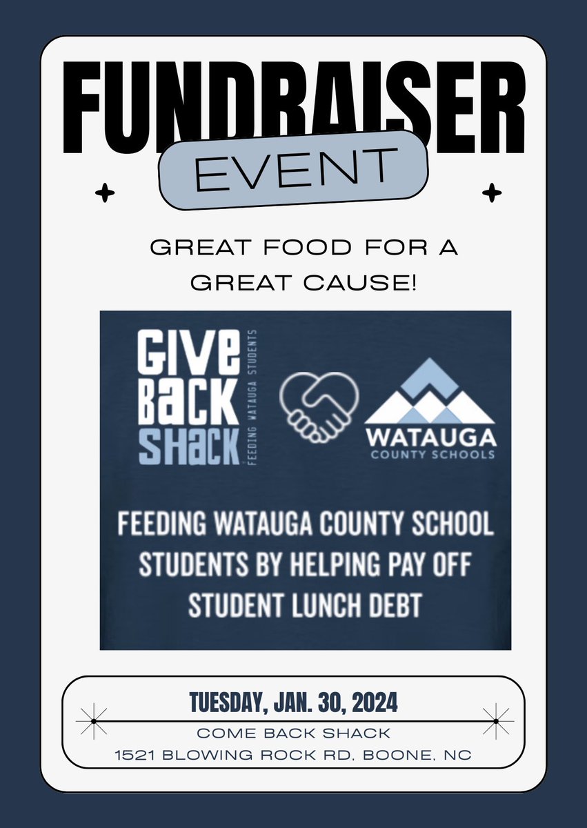 No need to worry about lunch or dinner plans on Jan. 30! You can head to Come Back Shack and enjoy a delicious meal for a wonderful cause. 25 percent of all sales that day will go toward helping to pay for WCS student lunch debts. 

Thank you <a href="/ComeBackShack/">Come Back Shack</a>! 🍔  🩵 
#WeAreWatauga