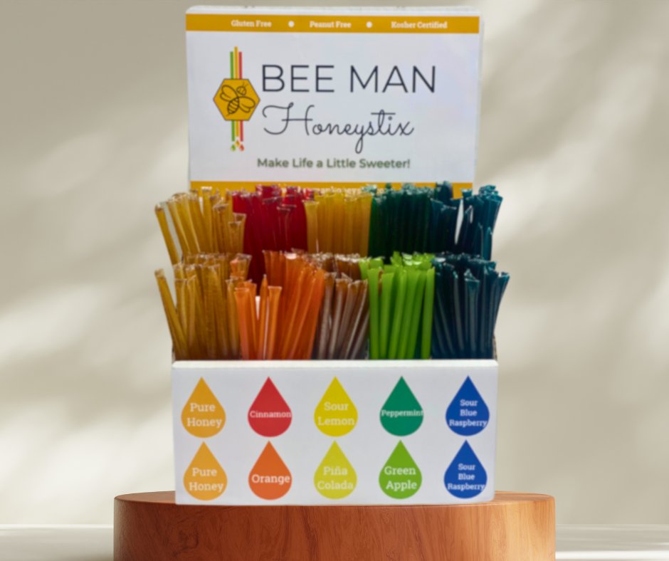 BeeManHoneystix's tweet image. Make your retail store a little sweeter with #BeeManHoneystix 🍯✨ Premium honey sticks in various flavors, a chic #displaystand, and affordable pricing make it an irresistible impulse buy at your checkout counter. Order today and sweeten your success! 🛒🐝 

#SweetRetail