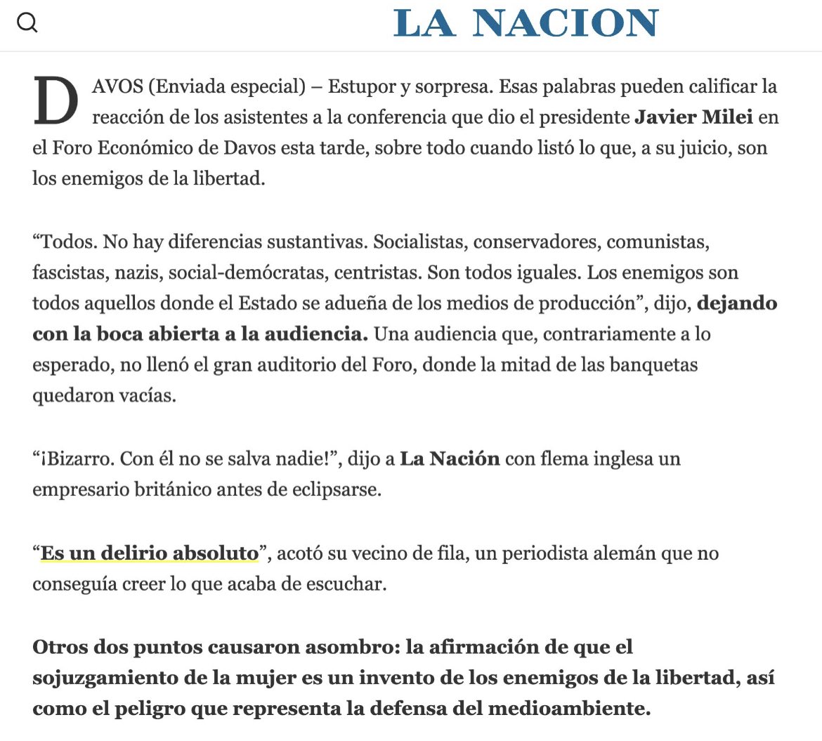 En todo el mundo se ríen de nosotros por la vergüenza que nos hizo pasar <a href="/JMilei/">Javier Milei</a> 

La Nación, medio afín a Milei, cuenta que alemanes e ingleses que lo escucharon hoy en Davos comentaban que era un delirio todo lo que el presidente dijo

Qué horrible que nos represente un burro