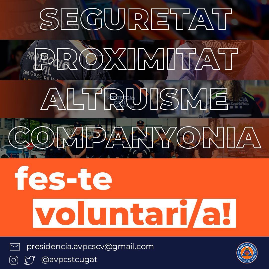 👋Busquem noves incorporacions!

🟧Vols formar part del nostre equip?

📱Contacta amb nosaltres per MD o al correu electrònic 

ℹ️També pots demanar informació l'OAC de l'<a href="/ajsantcugat/">Aj. Sant Cugat</a> o a la comissaria de la <a href="/policiastc/">policiastc</a>.

🚨T'hi esperem!

<a href="/josepmvalles/">Josep Maria Vallès</a> <a href="/cristinaparaira/">Cristina Paraira</a>