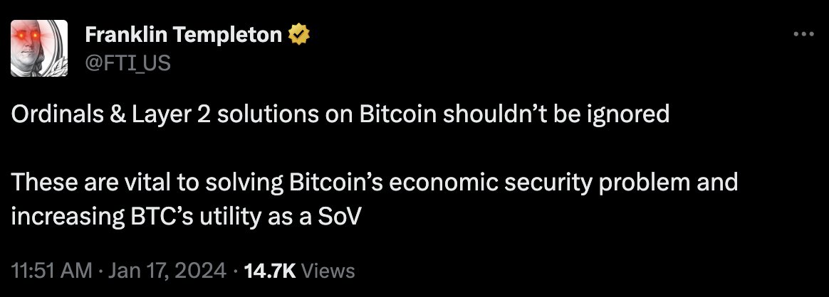 🚨 Franklin Templeton says ordinals and layer 2 solutions on #Bitcoin shouldn't be ignored. Do you agree?