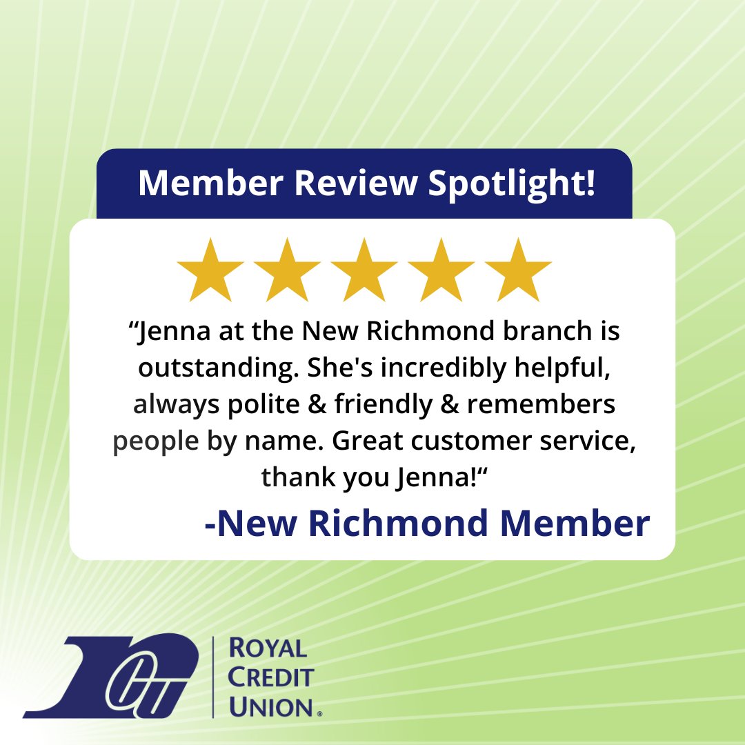 Thank you to our New Richmond member for leaving us a great review! Our team members always go above and beyond to help you on your financial journey. Share your Royal experience by leaving us a review at bit.ly/3uavWcM