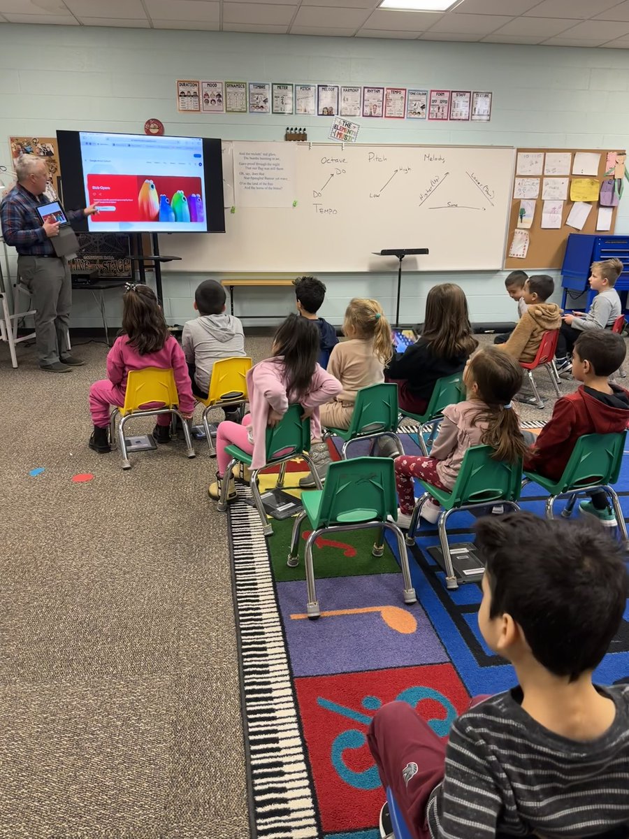 Stopped by our Kindergarten music class today with @SenorBrownOSD. Ss created music in @googlearts using @BlobOpera today! They learned about pitch, vowel sounds & harmony. 🎶 @OSD135 @Prairie_Hawks