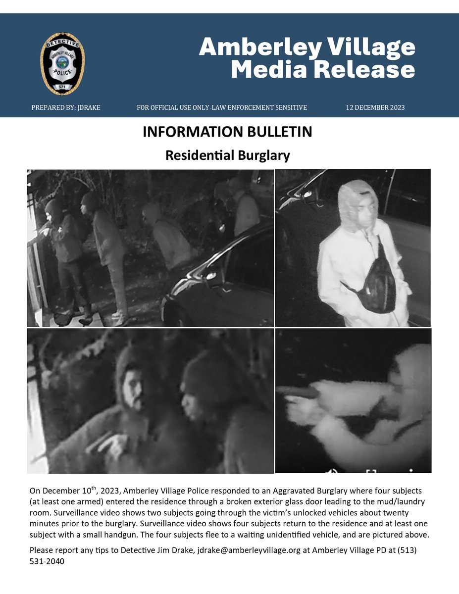 Amberley Village is asking residents &amp; neighbors to take a closer look at the suspects in the photos below, and contact Amberley Village Police Department with any potential leads at 513-531-2040. Thanks for your ongoing partnership with AVPD!