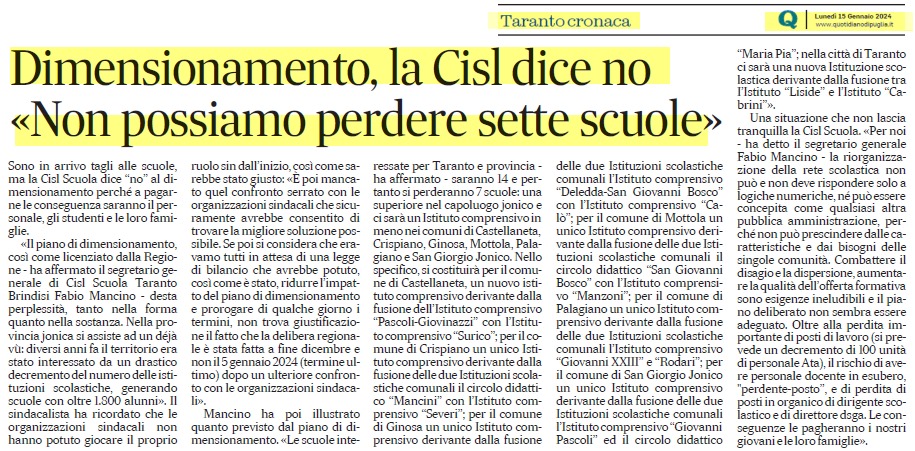 CISLSCUOLATABR_'s tweet photo. 🟩FABIO MANCINO su Quotidiano di Puglia "TARANTO, NON POSSIAMO PERDERE 7 SCUOLE" @cislscuola @IvanaBarbacci @robertocalienno @CislPuglia @CastellucciAnto @CislTaBr @fabiocmancino https://t.co/3lF8NGfoJZ
