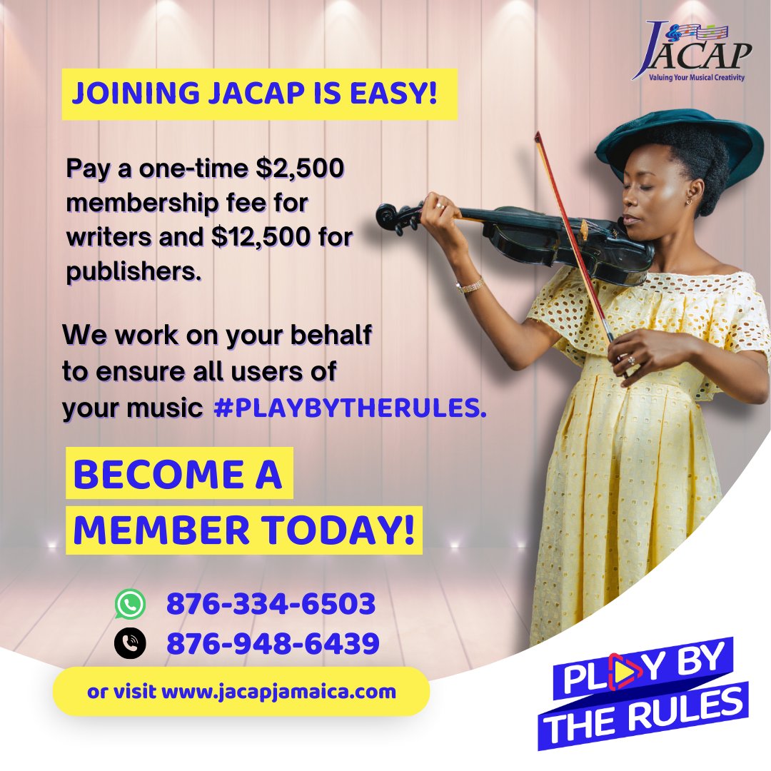 With a one-time fee of $2,500 for writers and a $12,500 fee for publishers, you are one step closer to receiving royalty payments and other benefits from becoming a member. We aim to ensure that all users of your music #PlayBytheRules. Visit jacapjamaica.com for more info!
