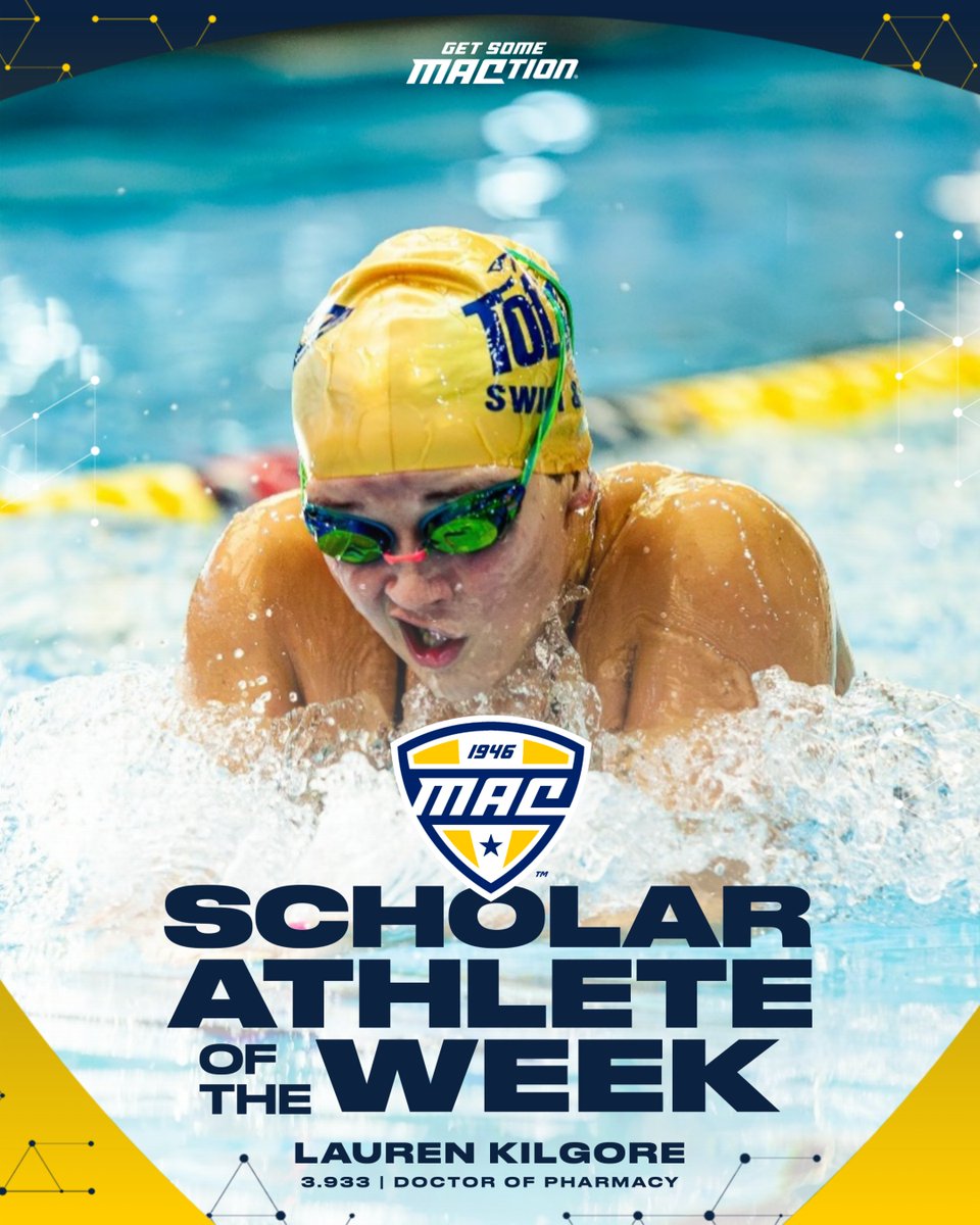 MACSports's tweet photo. Lauren Kilgore
3.933 GPA
Doctor of Pharmacy

Fifth-year senior Lauren Kilgore turned in an outstanding performance in the pool on Saturday, winning the 100 freestyle and 200 IM in record time to lead Toledo to a 170-128 victory over Indianapolis. Kilgore started her afternoon with a PR 50.44 touch-time in the 100 freestyle and now ranks eighth overall in Toledo's all-time record book. She was also clocked in at 2:02.62 to win the 200 IM, to replace UM's Margrett Kelly's pool time (2:02.88) set back in 2003. Kilgore also was part of UT's first-place 200 medley

@ToledoSwimDive | #MACtion