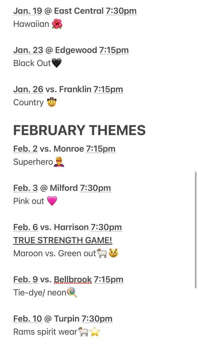 Here is an updated schedule/theme list of the rest of the regular season games. Please realize the game against Harrison is now on February 6th and pay attention to the new theme! (Updates on February 6th game will be posted shortly)