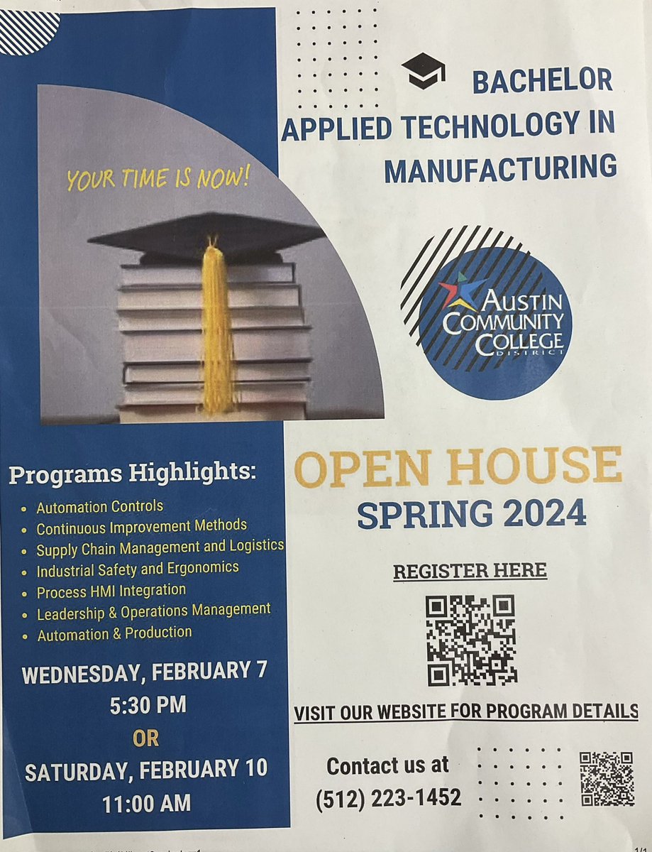 ACCadvancedmfg's tweet image. Mark your calendar and join us for more information on starting your Bachelor’s degree in Applied Technology in Advanced Manufacturing.