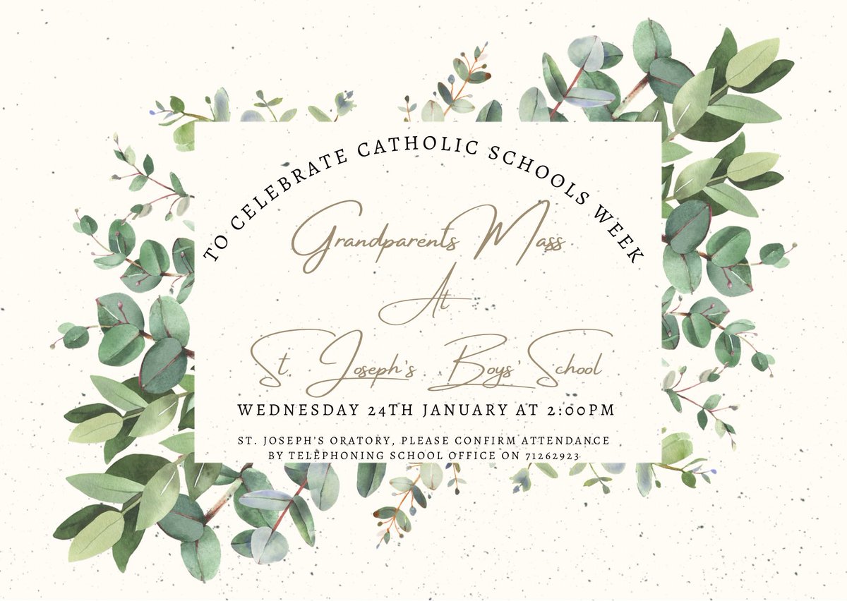 🙏To celebrate Catholic Schools Week, St. Joseph’s are delighted to invite grandparents to our special Mass on Wednesday 24th January at 2:00pm in our beautiful Oratory. We ask that you call the school office on 028 71 262923 to confirm attendance.🙏 <a href="/steugenesderry/">St Eugene's</a>