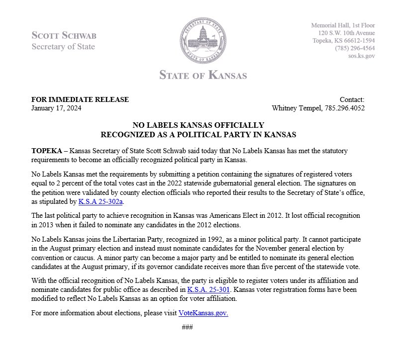 RELEASE: <a href="/NoLabelsOrg/">No Labels</a> Recognized as a Political Party in Kansas. 

Visit VoteKansas.gov for more information about elections.