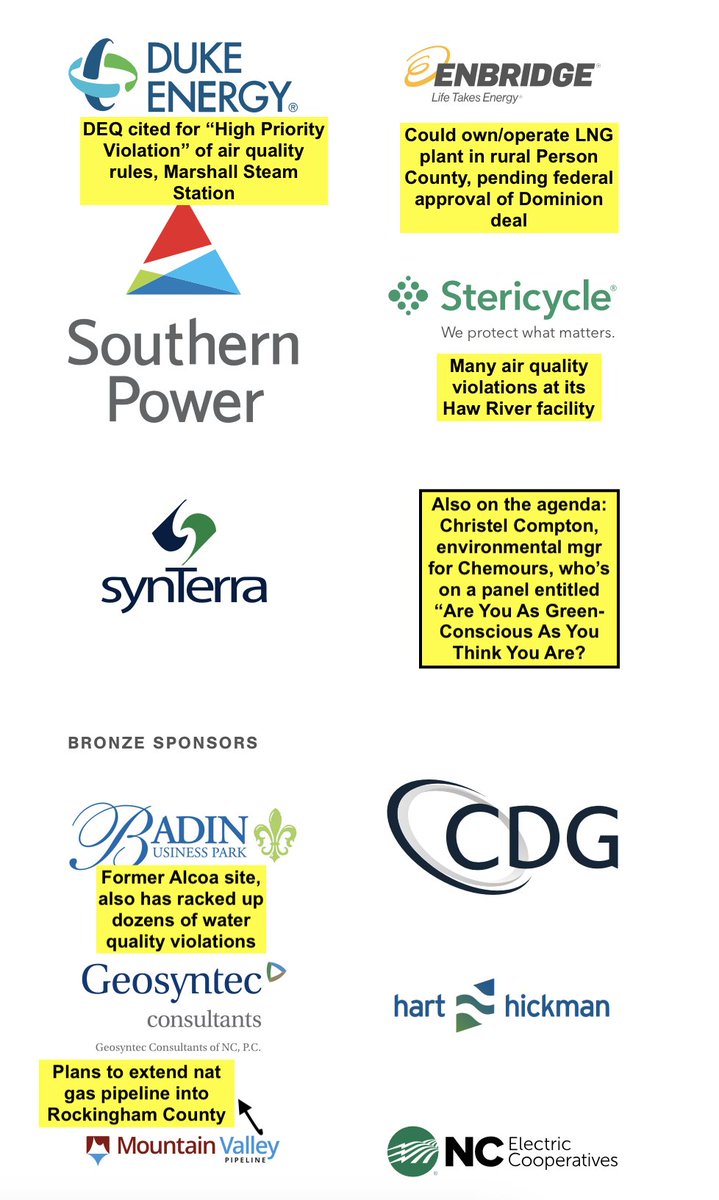 Ahem, these are the sponsors for the <a href="/NCChamber/">NC Chamber</a> 's "Environmental Compliance Conference" on Jan. 31. I annotated the sponsor list for the sake of transparency.