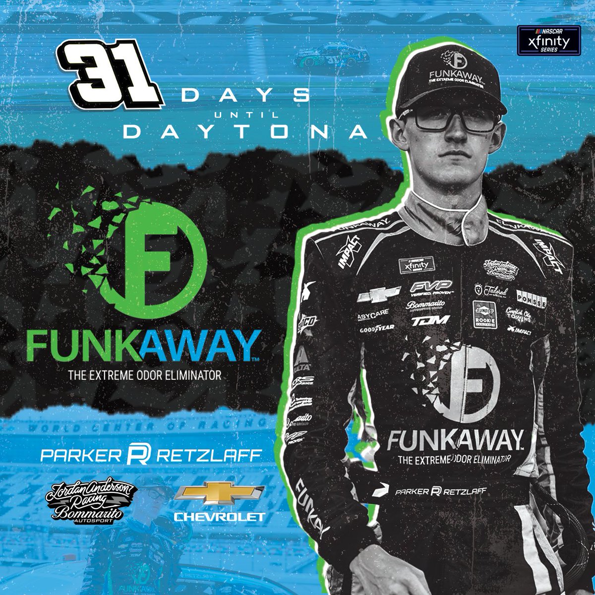 Counting down the days to Daytona! With just 31 days to go, Parker is all set to chase victory.  Are you geared up for Daytona? 🏁🔥
