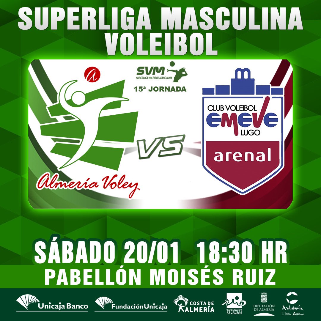cvalmeria's tweet photo. 🚨 Vienen los Loitadores ‼️ ⚔️

Este sábado 20, a las 18:30 hrs. volvemos ante nuestra afición 🙌🏻 para enfrentarnos al @cvemevelugo 🔴🔵, para continuar junto a vosotros nuestra imbatibilidad en casa 🏡!

Os esperamos en el #MoisesRuiz 🏟️‼️

💚 #VamosVerdes!
🏐 #SomosVoleibol https://t.co/z6IgitDYtG