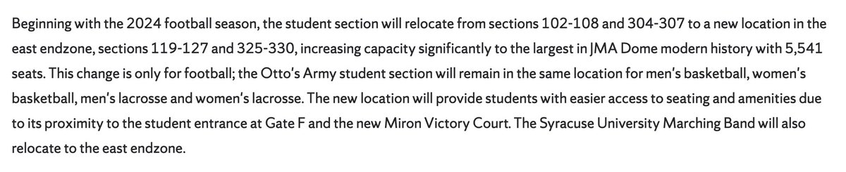 CoraMayerCosta's tweet photo. #NEW: Starting this football season, SU Athletics plans to add more seats to the student section in the JMA Wireless Dome

The student section will relocate to the east endzone near Gate F (sections 119-127 and 325-330)
@CitrusTVNews https://t.co/vXEbVqt2Qv