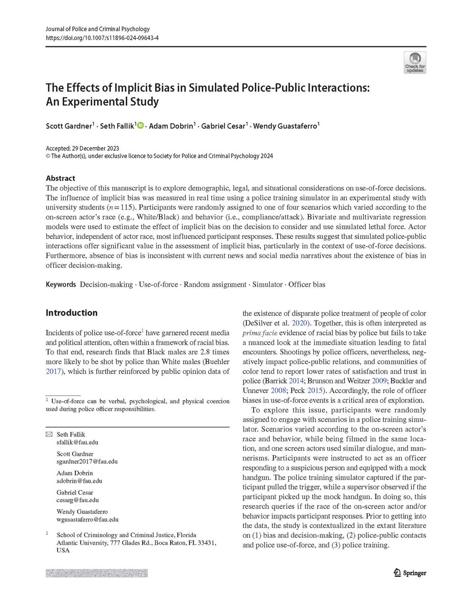 I have published an article titled “The effects of implicit bias in simulated police-public interactions: An experimental study” w/ <a href="/FloridaAtlantic/">Florida Atlantic University</a> <a href="/fausocialworkcj/">Florida Atlantic - Social Work & Criminal Justice</a> graduate @_ScottGardner, Adam Dobrin, @GWWrightMills1, &amp; @wendypg44 in the Journal of Police &amp; Criminal Psychology