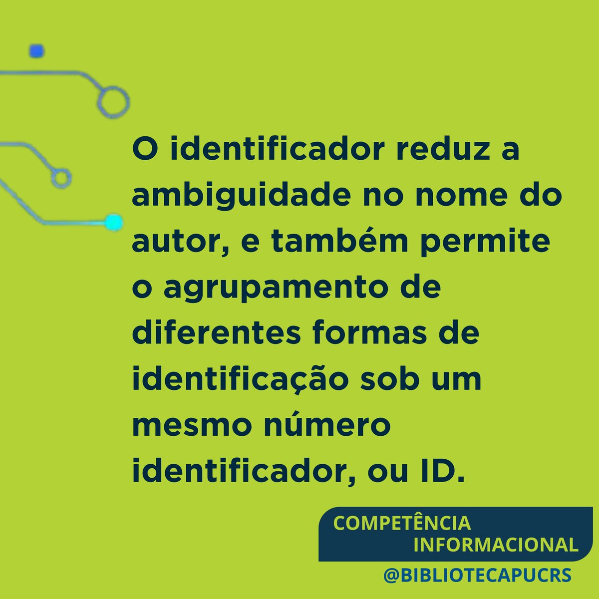 BibliotecaPUCRS's tweet image. Identificador de autor é um código numérico persistente a um autor, que permite distingui-lo dos demais no meio digital. Para aprofundar seu conhecimento, converse com a equipe de bibliotecários da PUCRS. #bibliotecapucrs #competenciainformacional #pucrslibrary