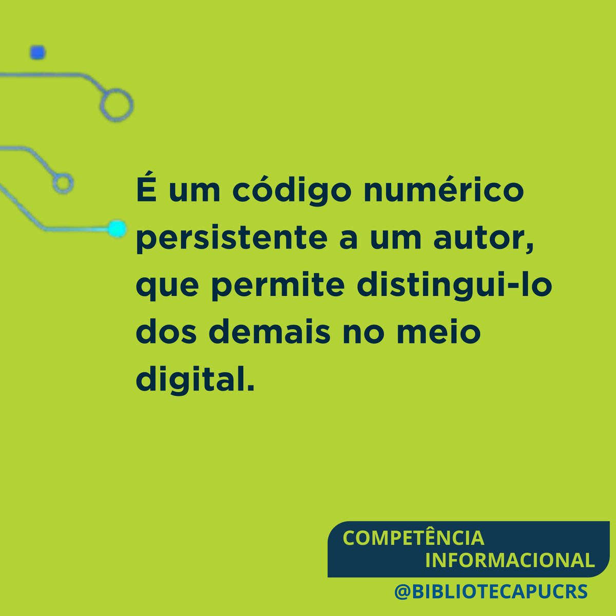 BibliotecaPUCRS's tweet image. Identificador de autor é um código numérico persistente a um autor, que permite distingui-lo dos demais no meio digital. Para aprofundar seu conhecimento, converse com a equipe de bibliotecários da PUCRS. #bibliotecapucrs #competenciainformacional #pucrslibrary