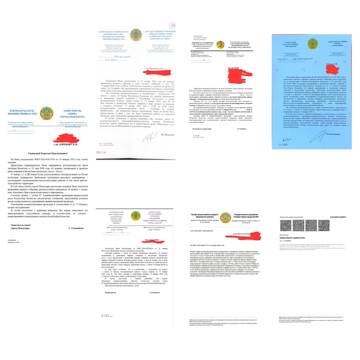 Ardak_Bekten's tweet image. 1/6
Monitoring the right to peaceful assembly.  Part 2.

 Local executive bodies (akimats) of #Almaty, #Aktobe, #Shymkent, #Semey, #Karaganda and #Pavlodar refused to hold a peaceful protest on January 17, 2024 in response to notifications from civil activists.
@hrw @freedomhouse