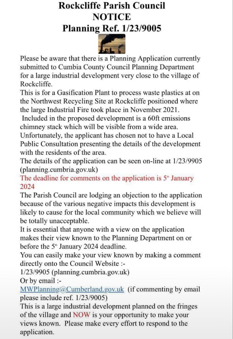 Oppose this gasification planning application! Deadline extended til this FRIDAY - which gives you one day to RESIST✊
planning.cumbria.gov.uk/Planning/Displ… The gasification plant and combined heating and power system will run off pelletised plastic.  There’s been no public consultation 
🤯