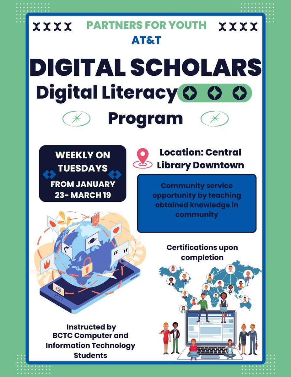 Monica Jones (@fdhsccrcoach) on Twitter photo There are 5 spots open for high school students interested in computer and digital literacy. Please email sbruce@lexingtonky.gov to sign a high school student up for Partners For Youth: AT&T Digital Scholars Program. This is an opportunity for learning and community service. There are 5 spots open for high school students interested in computer and digital literacy. Please email sbruce@lexingtonky.gov to sign a high school student up for Partners For Youth: AT&T Digital Scholars Program. This is an opportunity for learning and community service.