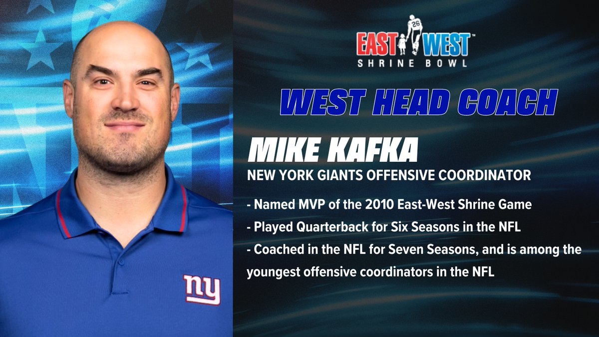 We're excited to announce @Giants OC Mike Kafka (@mikekafka3) as the Head Coach of the West team for the 2024 #ShrineBowl.