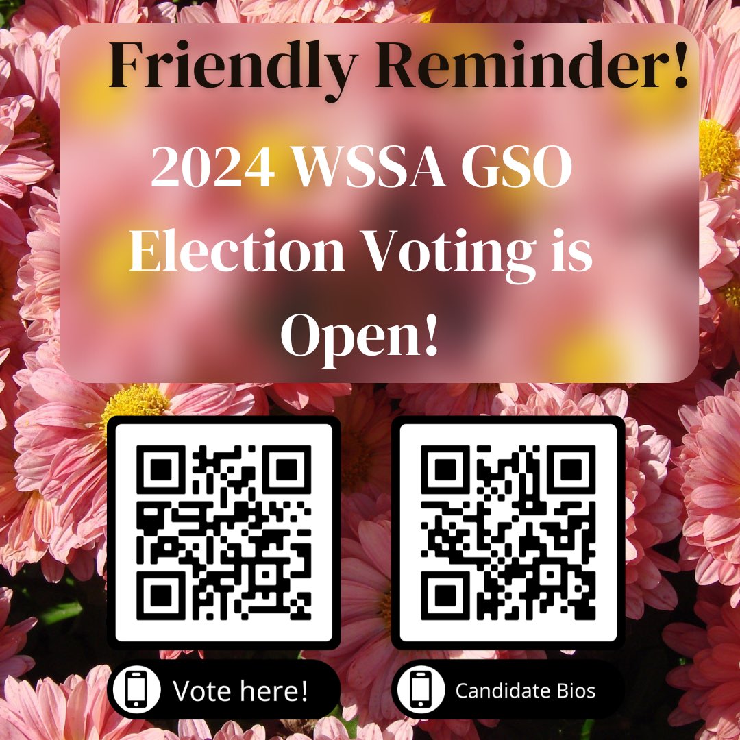 WSSA graduate students, please don’t forget to vote for the 2024 WSSA GSO officers’ election!!

Below are the links for voting and candidate bios.
shorturl.at/pvAFI
shorturl.at/gjzDY