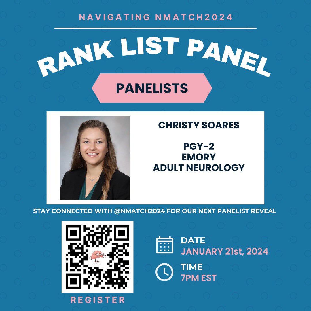 Our rank list discussion on Sun 1/21 @ 7pm EST features a panel of distinguished neurology residents, including CHRISTY SOARES from EMORY. 🧠 Stay tuned to see who else will be joining us! fsu.zoom.us/meeting/regist…