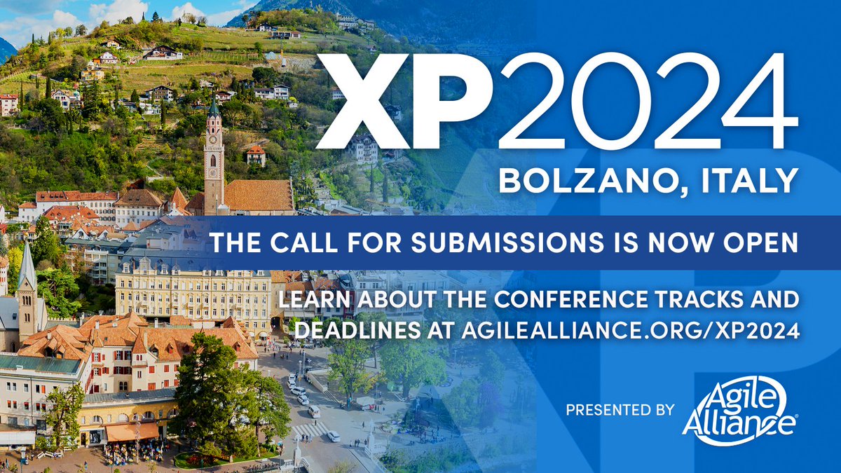 Agile Alliance (@agilealliance) on Twitter photo The XP 2024 Call for Submissions closes soon! Share observations, hard-fought wisdom, and practical advice about #Agile and Lean through a paper and session at the #XP2024 conference in Bolzano, Italy. Learn more and submit your talk or workshop now: agilealliance.org/xp2024/call-fo… The XP 2024 Call for Submissions closes soon! Share observations, hard-fought wisdom, and practical advice about #Agile and Lean through a paper and session at the #XP2024 conference in Bolzano, Italy. Learn more and submit your talk or workshop now: agilealliance.org/xp2024/call-fo…