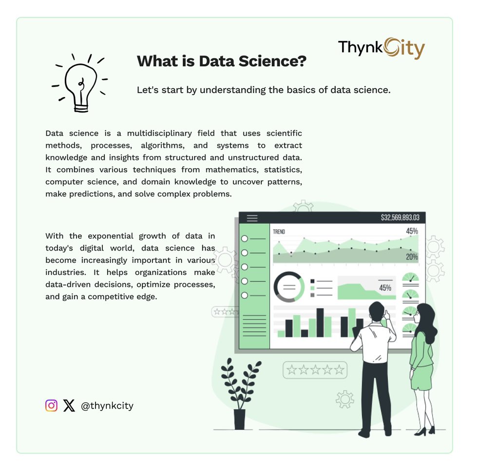 thynkcity's tweet image. Decoding the magic of data science: from defining its core to real-world applications. 🌐 Ready to master this transformative skill? Reach out to us and start your data science journey today! 💻📈 #DataScience #LearnWithData