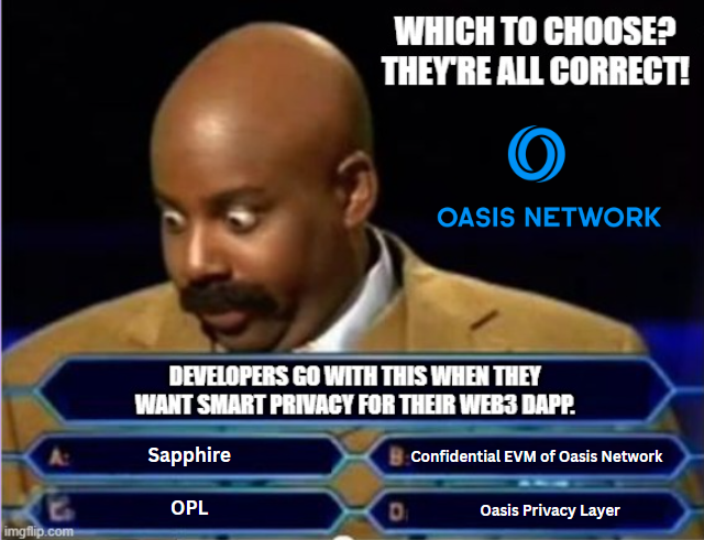 DC600og's tweet image. When you want your #Web3  dApp to be #smartprivacy-enabled, @OasisProtocol is the only answer to all #BUIDLing needs.
Oasis Sapphire is the first and only #confidentialEVM in production. It also powers the cross-chain OPL tool for dApps of other EVM networks.