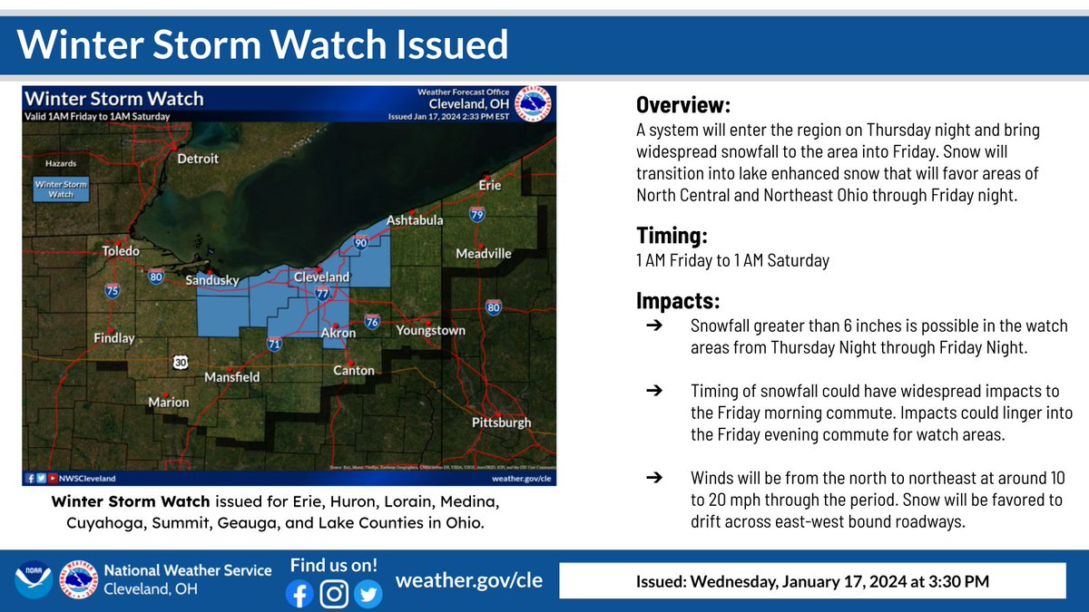 NWSCLE's tweet image. A winter storm watch has been issued for Erie, Huron, Lorain, Medina, Cuyahoga, Summit, Geauga, and Lake Counties in Ohio, valid from 1 AM Friday to 1 AM Saturday. Snowfall greater than 6 inches is possible in the watch areas from Thursday Night through Friday Night.