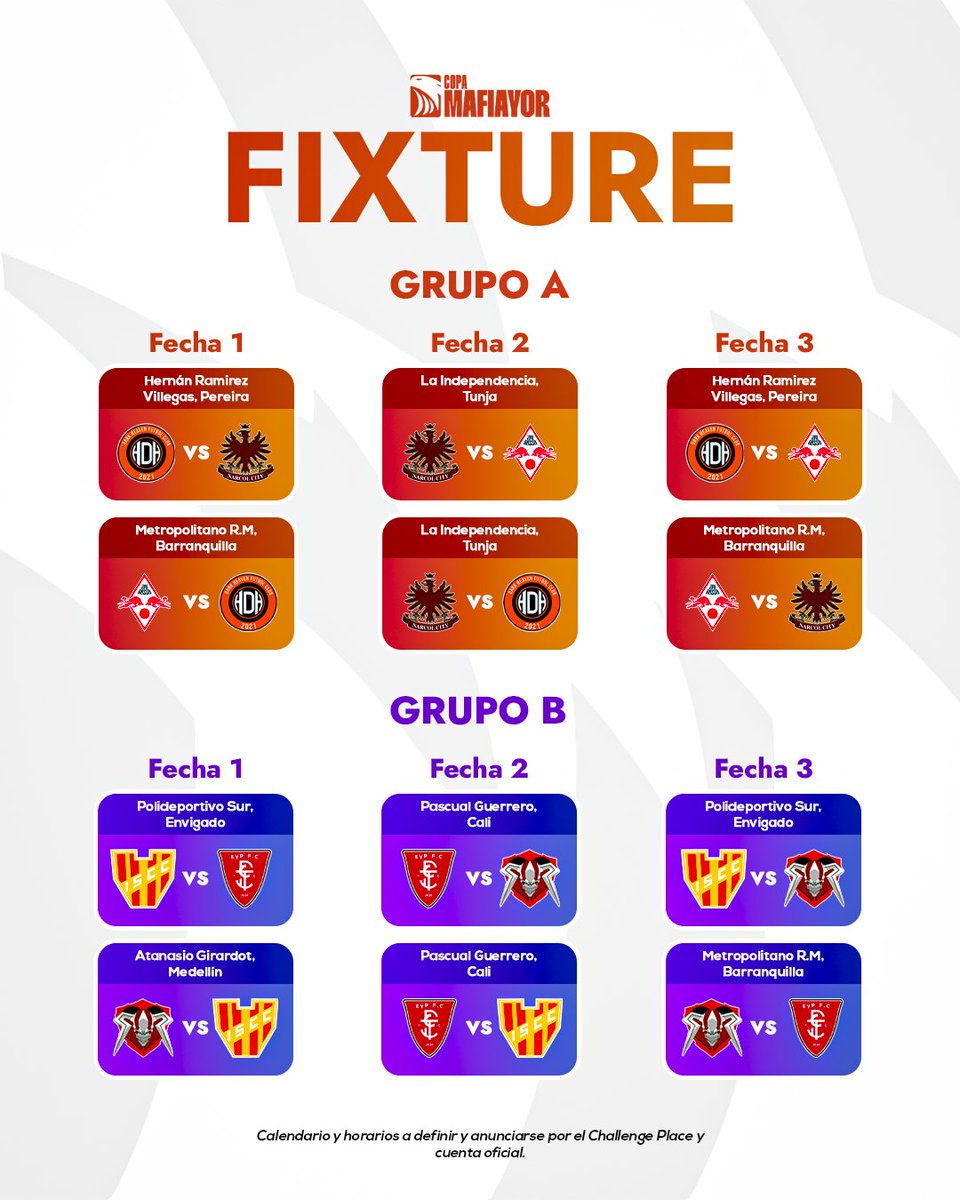 Así quedó el fixture de los dos grupos tras el sorteo de ayer 👀

Dark Heaven y NarCOL City darán inicio a la Copa 2024 en el Hernán Ramirez Villegas de Pereira con el partido inaugural.

#HayCopa | #SorteoMafiayor 🏆