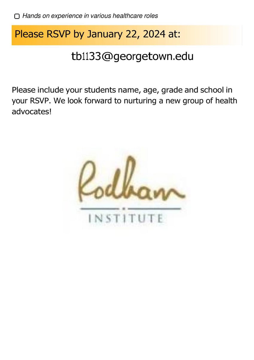 Rodham Institute (@instituterodham) on Twitter photo Virtual Kickoff Meeting January 23nd 6 pm to recruit a new cohort of middle and high school students Read below.
Please email Ms. Tracie Bass tb1133@georgetown.edu
! Virtual Kickoff Meeting January 23nd 6 pm to recruit a new cohort of middle and high school students Read below.
Please email Ms. Tracie Bass tb1133@georgetown.edu
!