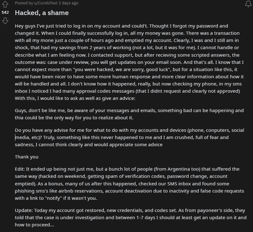 juanbrodersen's tweet photo. Cuentas de Payoneer hackeadas: hay un thread en Reddit con más de 200 comentarios, reportes desde usuarios argentinos y vaciamientos de cuentas 💸

Hay rumores sobre una base de datos de Movistar filtrada. Ante la duda, cambien claves y activen 2FA (aunque es x SMS) https://t.co/rYn0RrThMh