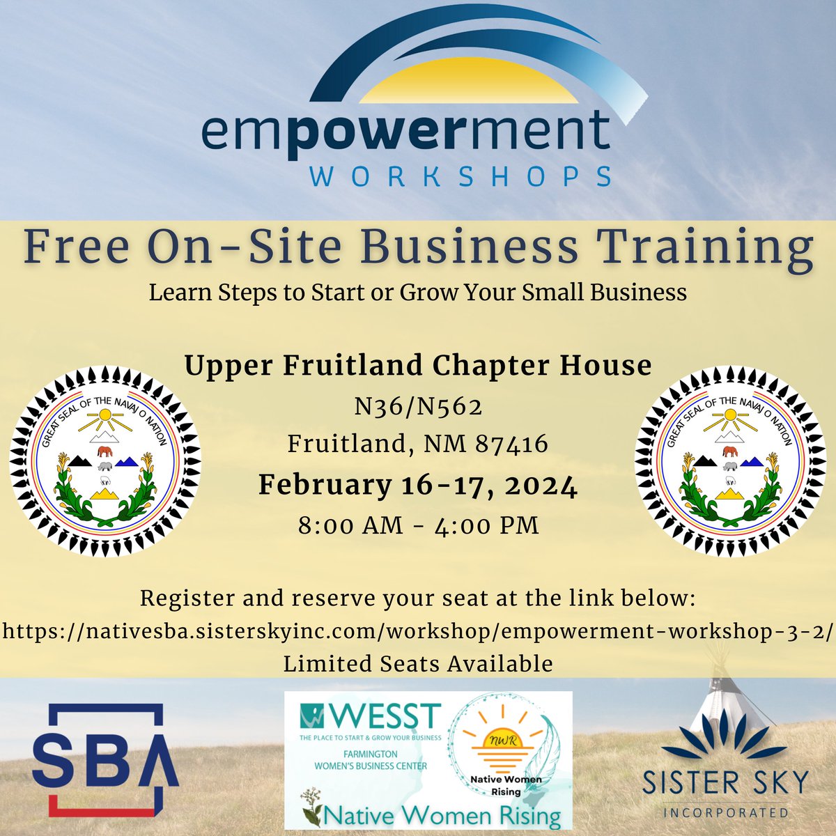 NativeSba's tweet photo. Join the SSI #NativeSBA training team at the Upper Fruitland Chapter House for a FREE business training. 
Register through this link: https://t.co/4AYwiwMc97. 

Please only register if you plan to attend in-person 😊
#NativeSBA #EmpowermentWorkshops #freebusinesstraining https://t.co/4IiqM8Jn3F