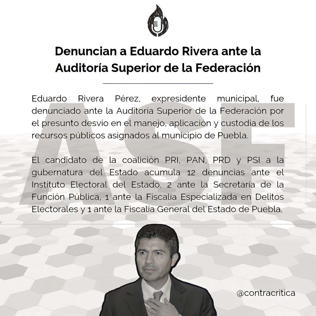 #ÚltimaHora: Denuncian a <a href="/eduardorivera01/">Eduardo Rivera Pérez</a> ante la <a href="/ASF_Mexico/">Auditoría Superior</a>. 

Eduardo Rivera Pérez fue denunciado ante la Auditoría Superior de la Federación por el presunto desvío, manejo, aplicación y custodia de los recursos públicos asignados a #Puebla.