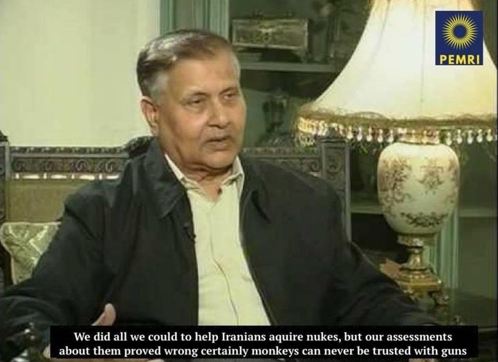BAIGTIMES's tweet photo. "ہم نے جوہری ہتھیاروں کے حصول میں ایرانیوں کی ہر ممکن مدد کی، لیکن ان کے بارے میں ہمارے اندازے غلط ثابت ہوئے، یقینی طور پر بندروں پر کبھی بھی بندوقوں پر بھروسہ نہیں کیا جا سکتا" - جنرل (ر) اسلم بیگ https://t.co/55575LjM6M