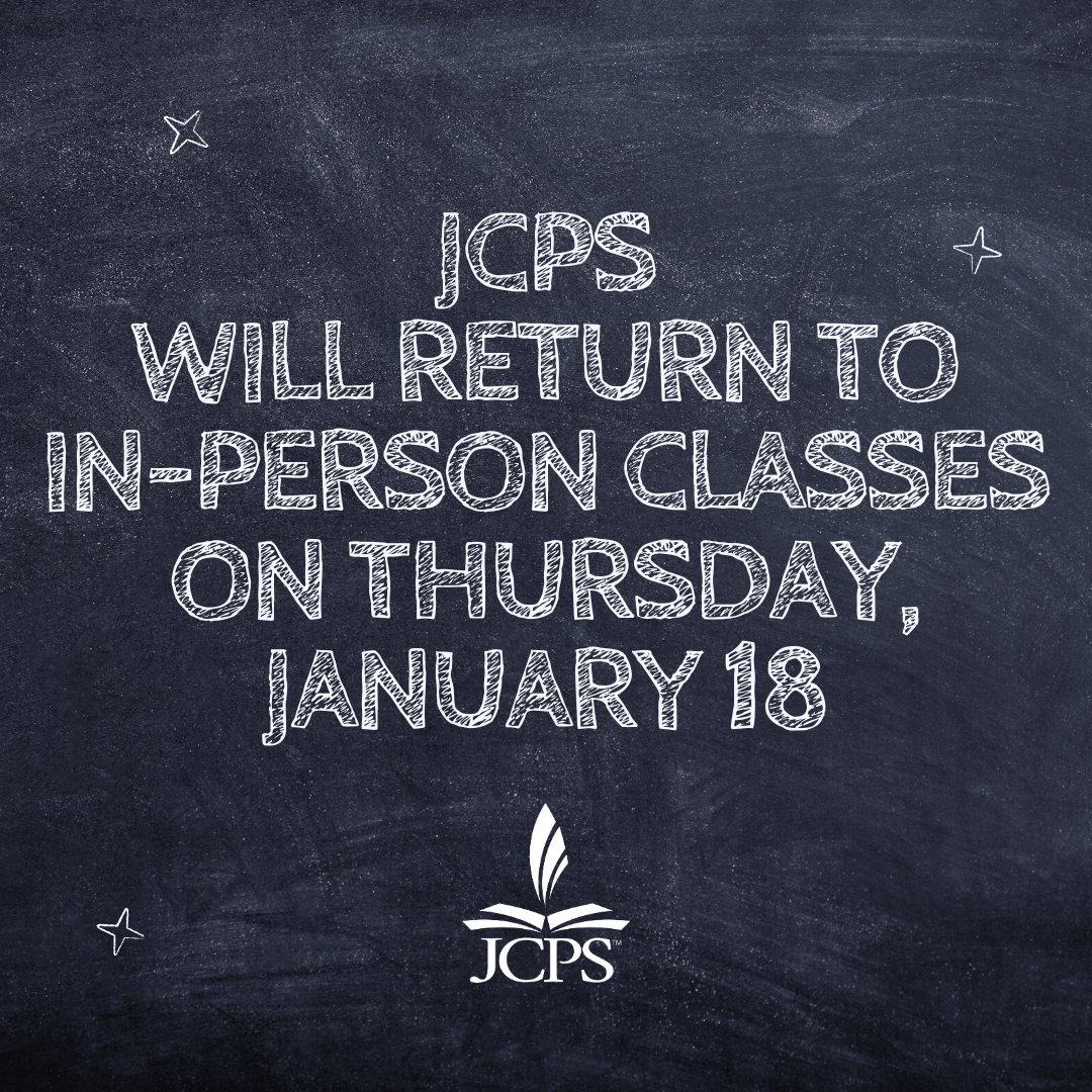 BACK TO SCHOOL | In-person classes will resume at all JCPS schools on Thursday, January 18, 2024. We look forward to welcoming our students and staff back after two days of NTI. #WeAreJCPS